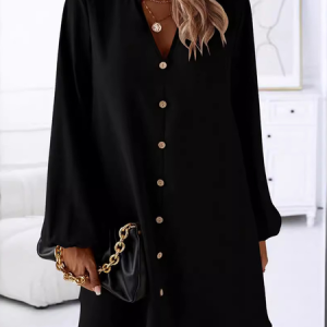 Women Plain V Neck Long Sleeve Comfy Casual Buckle Knee Length Dress, Dresses, color:Black|size:XXL, catalog Noracora shop