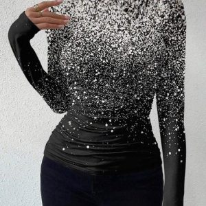 Women's Long Sleeve Blouse Spring/Fall Ombre Daily Going Out Casual Top, JustFashionNow Shirts, color:Black-silver|size:XXL,