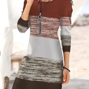 Women Striped Long Sleeve Comfy Casual Mini Dress, Dresses, color:Coffee|size:XXL, catalog Noracora shop