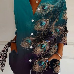 Shirt Collar Long Sleeve Feather Regular Loose Shirt For Women, Shirts, color:Green|size:5XL, catalog Noracora shop
