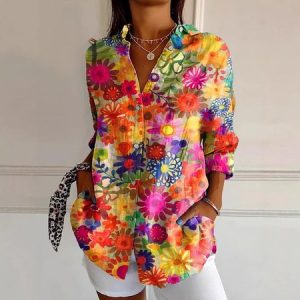 Women's Long Sleeve Shirt Spring/Fall Floral Shirt Collar Daily Going Out Casual Top, JustFashionNow Blouses, color:Orange Red|size:5XL,
