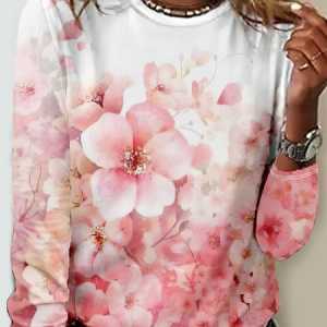 Casual Floral Crew Neck Long Sleeve T-shirt, T-shirts, color:Pink|size:4XL, catalog Noracora shop