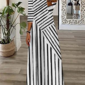 Women Striped V Neck Long Sleeve Comfy Casual Maxi Dress, Dresses, color:Black|size:XXL, catalog Noracora shop