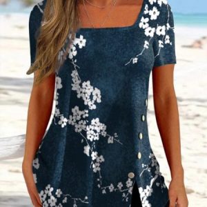 Women's Top T shirt Tee Floral Print Short Sleeve Crewneck Streetwear Daily Going out Cotton Spandex Jersey Casual Tunic T-Shirt, T-shirts, color:Blue|size:XXL, catalog Noracora shop