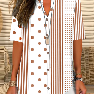 Shirt Collar Short Sleeve Striped Buttoned Regular Loose TUNIC Blouse For Women, Blouses, color:white-brown|size:XXL, catalog Noracora shop