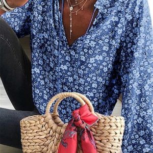 V Neck Long Sleeve Floral Regular Micro-Elasticity Loose Blouse For Women, Blouses, color:Blue|size:3XL, catalog Noracora shop