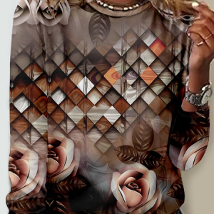 Casual Geometric Crew Neck Long Sleeve T-shirt, T-shirts, color:Coffee|size:4XL, catalog Noracora shop