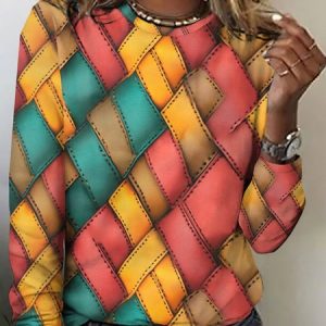 Color block geometric pattern long sleeved T-shirt, Long sleeves, Lilicloth.com