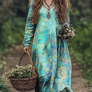 Ethnic Print Long Sleeve V-neck Dress, Dresses, Lilicloth.com