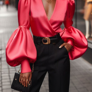 Satin Elegant Plain Balloon Sleeve Blouse, Blouses and Shirts, color:As Picture|size:XXL, Stylewe