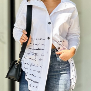 Shirt Collar Long Sleeve Striped Regular Loose Shirt For Women, Shirts, color:White|size:XL, catalog Noracora shop