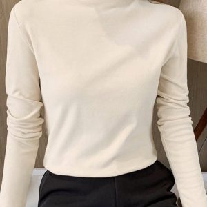 Women's Long Sleeve Tee T-shirt Spring/Fall Plain Knitted Mock Neck Daily Going Out Casual Top, JustFashionNow T-Shirts, color:Apricot|size:3XL,