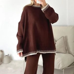 Women's Yarn/Wool Yarn Plain Daily Going Out Two Piece Set Long Sleeve Casual Spring/Fall Top With Pants Matching Set, JustFashionNow Suit Set, color:Deep Brown|size:XXL,