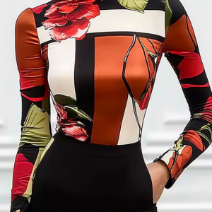Printing Floral Tight Urban Stand Collar T-Shirt, Tees, color:As Picture|size:XXL, Stylewe