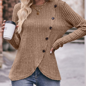 Crew Neck Long Sleeve Plain Regular Micro-Elasticity Loose Blouse For Women, Blouses, color:Camel|size:XXL, catalog Noracora shop