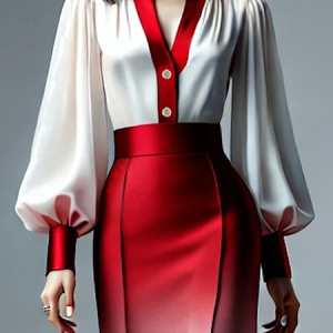 Elegant Color Block  Balloon Sleeve Shirt, Blouses and Shirts, color:As Picture|size:XXL, Stylewe