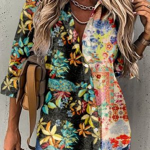 Shirt Collar Long Sleeve Floral Buttoned Regular Loose TUNIC Shirt For Women, Shirts, color:Multicolor|size:4XL, catalog Noracora shop