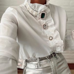 Lotus Leaf Collar Urban Buttoned Blouse, Blouses and Shirts, color:White|size:XXL, Stylewe