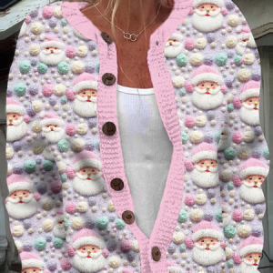 Women Christmas Santa Knitted Color Block Long Sleeve Comfy Casual Cardigan, Outerwear, color:Pink|size:4XL, catalog Noracora shop