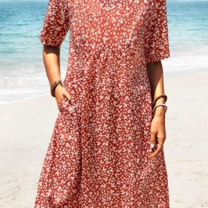 Hlaf Sleeve Round Neck Floral-Print Causal Midi Dress, Midi, color:Red|size:XXL, catalog Noracora shop