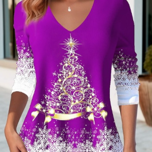 V Neck Long Sleeve Christmas Hot Drilling Regular Micro-Elasticity Loose Blouse For Women, Blouses, color:Purple|size:5XL, catalog Noracora shop