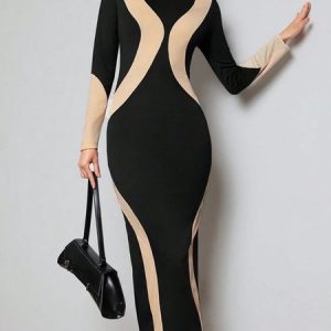 Elegant Printing Turtleneck Regular Sleeve Midi Dress, Maxi Dresses, color:Black|size:XXL, Stylewe
