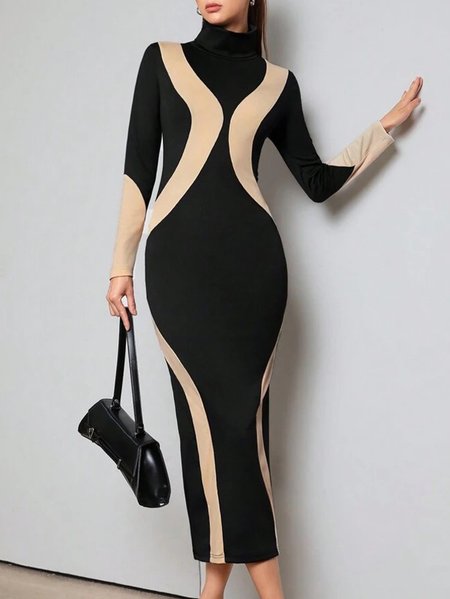 Elegant Printing Turtleneck Regular Sleeve Midi Dress, Maxi Dresses, color:Black|size:XXL, Stylewe