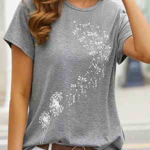 Casual Dandelion Printed Crew Neck Jersey T-Shirt, T-shirts, color:Gray|size:XXL, catalog Noracora shop