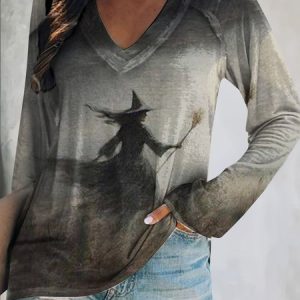 Casual Halloween V Neck Long Sleeve T-shirt, T-shirts, color:Deep Gray|size:4XL, catalog Noracora shop