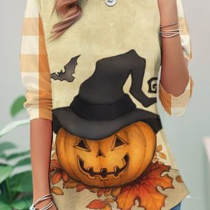 Casual Halloween Pumpkins Print Crew Neck Long Sleeve T-shirt, T-shirts, color:Orange|size:XXL, catalog Noracora shop