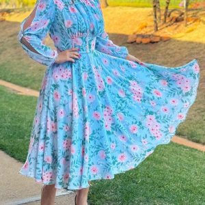 Floral Print Round Neck Lantern Long Sleeve Dress A-Line Flowy Maxi Dress, women Print Dresses, ChicMe catalog
