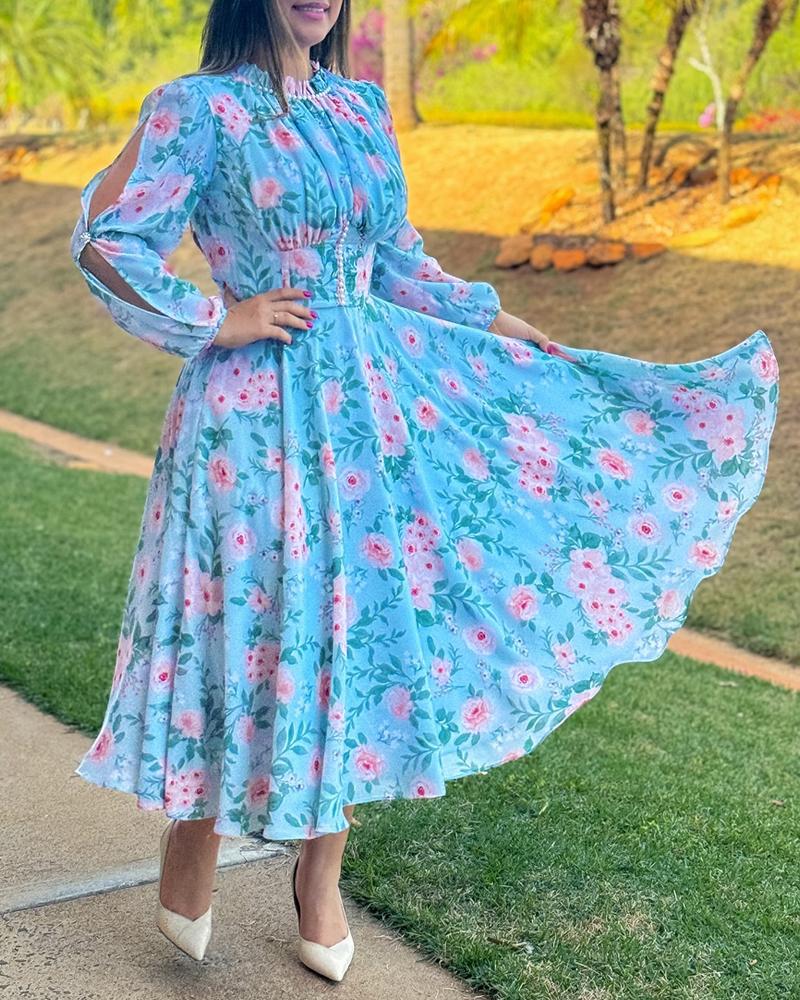 Floral Print Round Neck Lantern Long Sleeve Dress A-Line Flowy Maxi Dress, women Print Dresses, ChicMe catalog