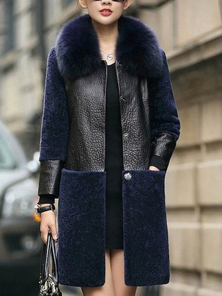 Color-Blocked Leather Trimmed Teddy Coat, Padded Jackets, color:Black-blue|size:XXL, Stylewe
