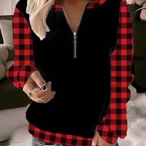 Casual Crew Neck Plaid Sweatshirt Zipper, Hoodies & Sweatshirts, color:Reddish Black|size:XXL, catalog Noracora shop