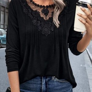 Crew Neck Long Sleeve Plain Lace Regular Micro-Elasticity Loose Blouse For Women, Blouses, color:Black|size:3XL, catalog Noracora shop