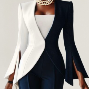 Tuxedo Split Sleeve Color Block Urban V Neck Jacket, Jackets, color:Black-white|size:XXL, Stylewe
