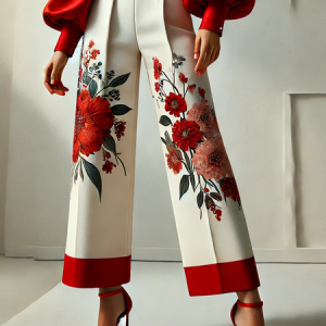 Urban Floral Straight Pants, Pants, color:White|size:XXL, Stylewe