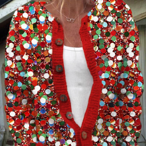 Women's Holiday Sequin Pattern Thicken Loose Jacket, Outerwear, color:Red|size:4XL, catalog Noracora shop