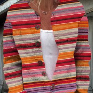 Women Striped Long Sleeve Comfy Casual Buttoned Cardigan, Cardigans, color:Red|size:3XL, catalog Noracora shop