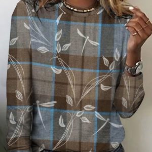 Dragonfly Flower Retro Grid Casual Long Sleeve T-shirt, Long sleeves, Lilicloth.com