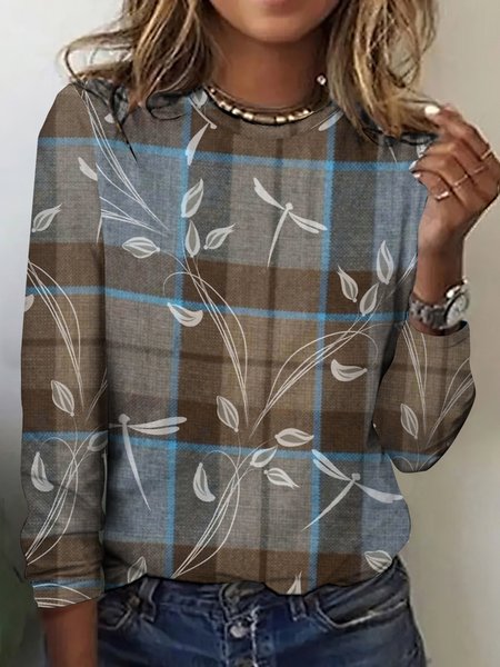 Dragonfly Flower Retro Grid Casual Long Sleeve T-shirt, Long sleeves, Lilicloth.com