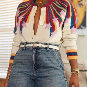 Color Block Loose Sweater Cardigan, Cardigans, color:As Picture|size:XXL, Stylewe