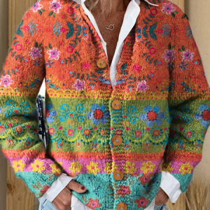 Women Knitted 3D Printing Long Sleeve Comfy Casual Cardigan, Cardigans, color:Orange|size:5XL, catalog Noracora shop