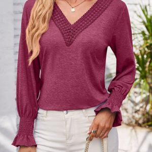 V Neck Long Sleeve Plain Lace Regular Micro-Elasticity Loose Blouse For Women, Blouses, color:Burgundy|size:XXL, catalog Noracora shop