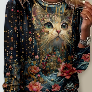 Casual Floral Jersey Crew Neck T-Shirt, Long sleeves, Lilicloth.com