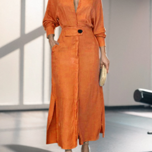 Women Plain Shawl Collar Long Sleeve Comfy Casual Maxi Dress, Dresses, color:Orange|size:3XL, catalog Noracora shop