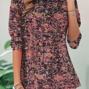 Casual Floral Crew Neck Long Sleeve T-shirt, T-shirts, color:Reddish Black|size:XXL, catalog Noracora shop