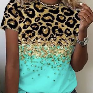 Casual Leopard Printed Crew Neck Loose T-Shirt, T-shirts, color:Green|size:XXL, catalog Noracora shop