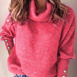 Women Yarn/Wool Yarn Plain Long Sleeve Comfy Casual Sweater, Sweaters, color:Rose Red|size:XXL, catalog Noracora shop