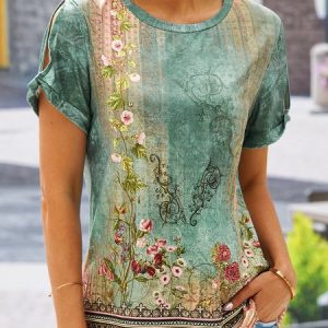 Crew Neck Floral Casual Shirt, Blouses, color:Green|size:XXL, catalog Noracora shop